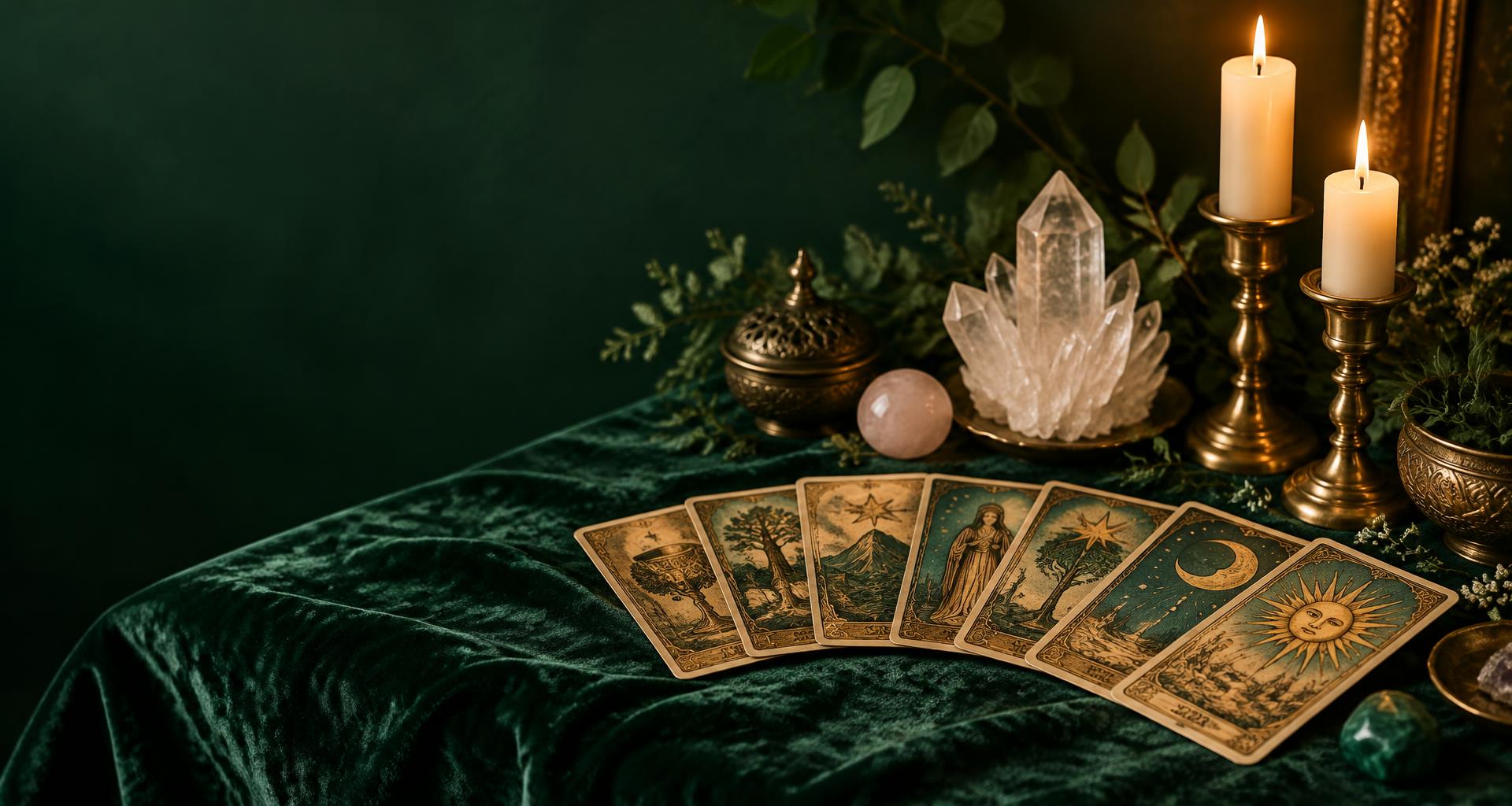 Mesa espiritual com cartas de tarô, cristais e velas acesas